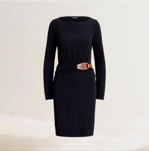 Lauren Ralph Lauren Navy Long-Sleeve Jersey Dress Buckle Trim Size 16